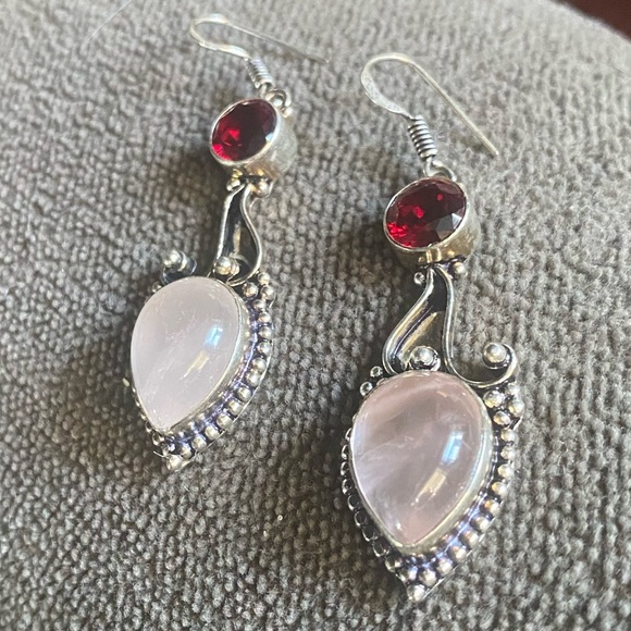 Artisan Jewelry - Genuine Rose Quartz & Faceted Garnet Handcrafted Earrings 9.25 Sterling Siver 2”